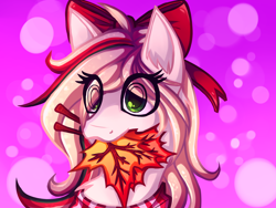 Size: 1600x1200 | Tagged: safe, artist:exbesh, oc, oc only, oc:hollie, pony, bow, bust, clothes, leaf, portrait, scarf, solo