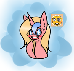 Size: 557x530 | Tagged: safe, artist:kaggy009, oc, oc only, oc:blue ribbon, pony, unicorn, ask peppermint pattie, blushing, bust, emoji, female, mare, open mouth, smiling, solo, starry eyes, wingding eyes