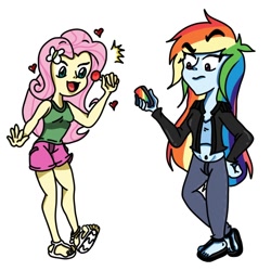 Size: 1000x1000 | Tagged: safe, artist:notthisagain, fluttershy, rainbow dash, comic:magic lolly, equestria girls, g4, anklet, belly button, candy, clothes, confused, crude drawing, food, heart, lollipop, midriff, open mouth, phone, sandals, short shirt, shorts, traditional art