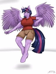 Size: 2048x2698 | Tagged: safe, artist:nosch, twilight sparkle, oc, oc only, oc:acesential, alicorn, anthro, unguligrade anthro, g4, breasts, busty twilight sparkle, female, floating, high res, implied transgender transformation, looking at you, mare, polo shirt, simple background, solo, twilight sparkle (alicorn), white background