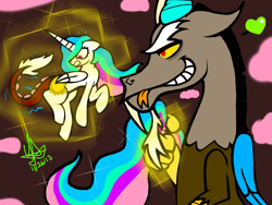 Size: 2048x1536 | Tagged: safe, artist:artmama113, discord, princess celestia, alicorn, draconequus, pony, g4, draconequified, female, glowing hands, grin, gritted teeth, heart, levitation, looking back, magic, male, mare, micro, shrinking, signature, smiling, species swap, tail swap, telekinesis, tongue out, transformation