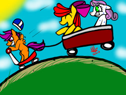 Size: 2048x1536 | Tagged: safe, artist:artmama113, apple bloom, scootaloo, sweetie belle, earth pony, pegasus, pony, unicorn, g4, cloud, cutie mark crusaders, female, filly, helmet, outdoors, scared, scooter, signature, smiling, sun, sweat, wagon