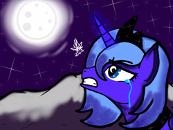 Size: 2048x1536 | Tagged: safe, artist:artmama113, princess luna, alicorn, pony, g4, bust, crying, female, full moon, jewelry, looking up, mare, moon, night, peytral, s1 luna, signature, solo, stars, tiara