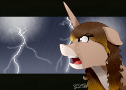 Size: 1632x1168 | Tagged: safe, artist:twin-fan, oc, oc only, pony, unicorn, bust, crying, female, horn, lightning, mare, open mouth, rain, signature, solo, tears of anger, unicorn oc
