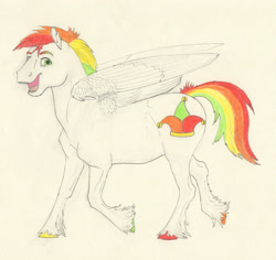 Size: 2065x1951 | Tagged: safe, artist:lady-limule, oc, oc only, oc:harlequin, pegasus, pony, hoof fluff, open mouth, pegasus oc, raised hoof, solo, traditional art, wings