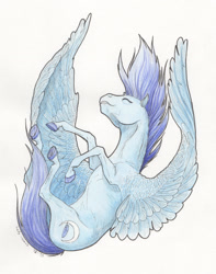 Size: 1888x2394 | Tagged: safe, artist:lady-limule, oc, oc only, pegasus, pony, colored hooves, eyes closed, falling, pegasus oc, solo, traditional art, wings