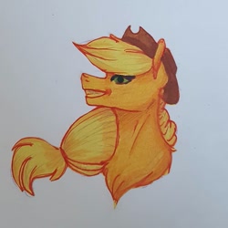 Size: 1080x1080 | Tagged: safe, artist:moona_lou, applejack, earth pony, pony, g4, bust, female, hat, mare, solo, traditional art