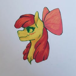 Size: 1080x1080 | Tagged: safe, artist:moona_lou, earth pony, pony, blushing, bow, bust, female, filly, hair bow, solo, traditional art