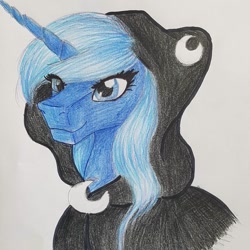 Size: 1080x1080 | Tagged: safe, artist:moona_lou, princess luna, spirit of hearth's warming yet to come, alicorn, pony, g4, bust, cloak, clothes, female, mare, s1 luna, solo, traditional art