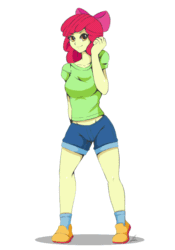Size: 1668x2388 | Tagged: safe, artist:jennobasilicum, apple bloom, human, equestria girls, g4, alternate hairstyle, animated, apple bloom's bow, ass, bloom butt, boots, bow, breasts, butt, butt shake, clothes, denim shorts, female, frame by frame, gif, hair bow, happy, older, older apple bloom, shirt, shoes, shorts, simple background, smiling, socks, solo, t-shirt, twerking, white background