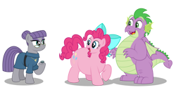 Size: 1280x657 | Tagged: safe, artist:aleximusprime, boulder (g4), maud pie, pinkie pie, spike, dragon, earth pony, pony, fanfic:cheesy as pie, flurry heart's story, g4, adult, adult spike, bow, chubby, fat, fat spike, glasses, hair bun, jewelry, necklace, older, older pinkie pie, older spike, pet rock, plump, pudgy pie, rock, simple background, transparent background, vector, winged spike, wings