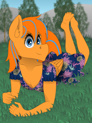 Size: 900x1200 | Tagged: safe, artist:zeronitroman, oc, oc only, oc:cold front, pegasus, anthro, plantigrade anthro, barefoot, clothes, crossdressing, dress, feet, femboy, girly, grass, lying down, lying in grass, male, pegasus oc, smiling at you, stallion, sundress, tree, wings