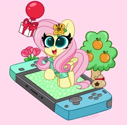 Size: 4096x4034 | Tagged: safe, artist:kittyrosie, fluttershy, pegasus, pony, g4, animal crossing, animal crossing: new horizons, colored pupils, crossover, cute, digital art, female, kittyrosie is trying to murder us, mare, nintendo switch, shyabetes, smiling, solo