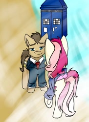 Size: 931x1280 | Tagged: safe, artist:jeymohr, doctor whooves, roseluck, time turner, earth pony, pony, g4, doctor who, doomsday (doctor who), female, male, rose tyler, scene interpretation, ship:doctorrose, shipping, straight, tardis