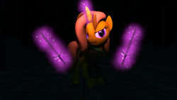 Size: 1920x1080 | Tagged: safe, artist:skyarrow, oc, oc only, oc:amber honeycombs, pony, unicorn, 3d, clothes, female, magic, mare, solo, source filmmaker, sword, weapon