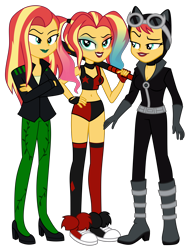 Size: 9000x12000 | Tagged: safe, alternate version, artist:emeraldblast63, sunset shimmer, cat, equestria girls, g4, alternate hairstyle, baseball bat, belly button, boots, catsuit, catwoman, clothes, clothes swap, converse, cosplay, costume, dc comics, female, goggles, harley quinn, harley quinn (2019), high heels, jacket, leather, leather jacket, looking at you, midriff, pigtails, poison ivy, shoes, simple background, smiling, smiling at you, socks, stockings, thigh highs, transparent background, trio, trio female