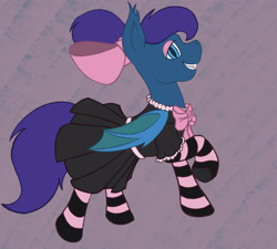 Size: 2482x2229 | Tagged: safe, artist:btbunny, artist:tikibat, derpibooru exclusive, oc, oc only, oc:stardust, oc:stardust(cosmiceclipse), bat pony, pony, bat pony oc, bat wings, bow, clothes, colored lineart, crossdressing, dress, ear fluff, eyeshadow, fangs, femboy, high res, maid, makeup, male, membranous wings, ponytail, simple background, skirt, slit pupils, socks, solo, stallion, striped socks, wings