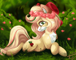 Size: 3200x2490 | Tagged: safe, artist:filama, oc, oc only, oc:hollie, earth pony, pony, bow, earth pony oc, female, floral head wreath, flower, high res, looking at you, lying down, mare, prone, smiling, smiling at you, solo