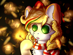 Size: 1024x768 | Tagged: safe, artist:detcia, oc, oc only, oc:hollie, pony, bow, clothes, hoof hold, scarf, sparkler (firework)