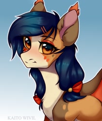 Size: 908x1080 | Tagged: safe, artist:kaito_wivil, oc, oc only, oc:ratta, bat pony, pony, bow, bust, commission, female, mare, ponytails, portrait, solo