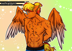 Size: 1920x1354 | Tagged: safe, artist:theking_salt, oc, oc only, pegasus, anthro, beautiful, commission, food, freckles, glasses, green background, male, muscles, nice guy, orange, ponytail, sfw commissions, simple background, solo, wings