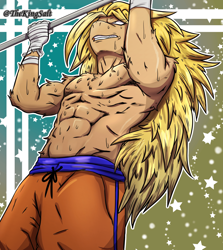 Size: 1920x2155 | Tagged: source needed, useless source url, safe, artist:theking_salt, anthro, abs, blonde, blonde hair, clothes, commission, dragon ball, dragon ball z, gritted teeth, long hair, male, muscles, partial nudity, pullup, strong, super saiyan, sweat, topless, workout, ych result