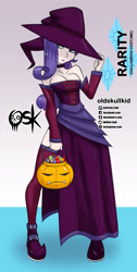 Size: 984x1951 | Tagged: safe, alternate version, artist:oldskullkid, part of a set, rarity, human, g4, breasts, busty rarity, cleavage, clothes, costume, halloween, halloween costume, hat, holiday, humanized, pumpkin bucket, solo, witch, witch costume, witch hat