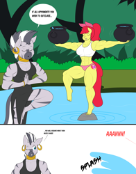 Size: 2048x2618 | Tagged: safe, artist:matchstickman, apple bloom, zecora, earth pony, zebra, anthro, plantigrade anthro, matchstickman's apple brawn series, tumblr:where the apple blossoms, g4, abs, apple bloom's bow, apple brawn, armpits, balancing, barefoot, biceps, bow, breasts, busty apple bloom, busty zecora, clothes, comic, cutie mark, dialogue, dress, duo, everfree forest, eyes closed, falling, feet, female, hair bow, high res, looking sideways, mare, muscles, muscular female, older, older apple bloom, one eye closed, one leg raised, pecs, pot, side slit, speech bubble, splash, sports bra, standing, the cmc's cutie marks, thighs, thunder thighs, training, tumblr comic, underwear, water