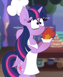 Size: 1400x1688 | Tagged: safe, artist:puperhamster, twilight sparkle, alicorn, pony, g4, apron, bipedal, chef, chef's hat, clothes, cooking, fire, hat, kitchen, solo, toque, twilight sparkle (alicorn)