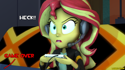 Size: 1920x1080 | Tagged: safe, artist:lance-pizon, sunset shimmer, equestria girls, g4, game stream, my little pony equestria girls: better together, 3d, angry, angry video game nerd, gamer sunset, headphones, heck, parody, psycho gamer sunset, source filmmaker