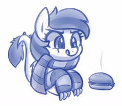 Size: 4000x3481 | Tagged: safe, artist:handgunboi, oc, oc only, oc:centreus feathers, dracony, dragon, hybrid, pony, burger, clothes, commission, female, food, licking, licking lips, monochrome, pony hybrid, scarf, simple background, smiling, socks, solo, striped socks, tongue out, white background, ych result