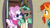 Size: 1920x1080 | Tagged: safe, screencap, minty mocha, raspberry latte, sunburst, earth pony, pony, unicorn, g4, my little pony: friendship is magic, the parent map, bookshelf, bookstore, clothes, ear piercing, earring, female, freckles, jewelry, male, mare, open door, piercing, scarf, sire's hollow, stallion