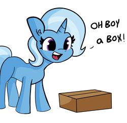 Size: 2250x2184 | Tagged: safe, artist:tjpones edits, edit, trixie, pony, unicorn, g4, cardboard box, female, high res, mare, oh boy, simple background, solo, text, white background