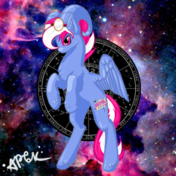 Size: 1920x1920 | Tagged: safe, artist:miscellanea_apgk, oc, oc only, oc:steam loco, pegasus, pony, sheep, aries, commission, goggles, male, pegasus oc, ram, sign, solo, space, spread wings, wings, ych result