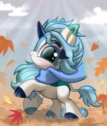 Size: 3000x3500 | Tagged: safe, artist:rrd-artist, oc, oc only, kirin, autumn, blushing, clothes, female, high res, kirin oc, leaves, looking at you, rearing, scarf, smiling, solo
