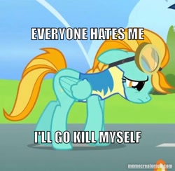 Size: 1080x1053 | Tagged: safe, edit, edited screencap, screencap, lightning dust, pegasus, pony, g4, wonderbolts academy, abuse, bronybait, caption, clothes, downvote bait, dustabuse, image macro, meme, memecreatorapp.com, op is a duck, op is trying to start shit, op isn't even trying anymore, sad, suicidal, text, uniform, wonderbolts uniform