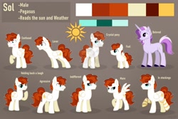 Size: 2304x1536 | Tagged: safe, artist:keyrijgg, oc, oc only, crystal pony, pegasus, pony, unicorn, blushing, brown background, clothes, color palette, commission, female, foal, male, reference sheet, simple background, stockings, thigh highs