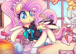 Size: 1920x1358 | Tagged: safe, artist:wavecipher, fluttershy, rainbow dash, vapor trail, pegasus, pony, g4, cafe, clothes, colored pupils, cute, dress, exclamation point, female, fluttermaid, food, heart eyes, maid, maid cafe, mare, offscreen character, pancakes, shyabetes, socks, solo focus, speech bubble, spread wings, wingding eyes, wings