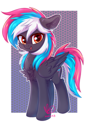 Size: 2150x3035 | Tagged: safe, artist:inaba_hitomi, oc, oc only, oc:cloudlet glisten, pegasus, pony, cheek fluff, chest fluff, cute, cutie mark, ear fluff, folded wings, high res, multicolored mane, multicolored tail, pegasus oc, solo, tail, wings