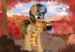 Size: 4092x2825 | Tagged: safe, artist:janelearts, doctor whooves, time turner, pony, unicorn, g4, autumn, clothes, commission, cup, glowing horn, horn, leaves, magic, male, race swap, scarf, scenery, smiling, solo, stallion, telekinesis, tree