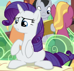 Size: 650x627 | Tagged: safe, screencap, lucky clover, rarity, earth pony, pony, unicorn, g4, the last problem, confused, cropped, female, male, mare, sitting, stallion, train