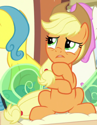 Size: 526x679 | Tagged: safe, screencap, applejack, lemon hearts, twinkleshine, earth pony, pony, g4, the last problem, applejack's hat, cowboy hat, cropped, hat, sitting, thinking, train