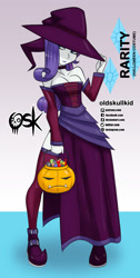 Size: 984x1951 | Tagged: safe, artist:oldskullkid, part of a set, rarity, equestria girls, g4, boots, candy, choker, clothes, corset, dress, food, halloween, hat, holiday, legs, pumpkin, shoes, solo, witch, witch hat