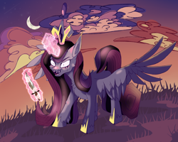 Size: 4800x3840 | Tagged: safe, artist:failissefaily, princess cadance, pony, moody mark crusaders, g4, corrupted, dagger, dark, female, glowing horn, horn, queen cadance, raised hoof, sharp teeth, smiling, solo, spread wings, teeth, weapon, wings