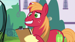 Size: 1920x1080 | Tagged: safe, screencap, big macintosh, earth pony, pony, g4, the last problem, clipboard, grin, male, nervous, nervous smile, smiling, solo, stallion