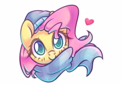 Size: 2032x1460 | Tagged: safe, artist:wavecipher, fluttershy, pony, beanie, blushing, bust, clothes, colored pupils, cute, female, front view, full face view, hat, heart, looking at you, mare, portrait, scarf, shyabetes, simple background, smiling, solo, white background, winter outfit