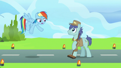 Size: 1920x1080 | Tagged: safe, screencap, deep clean, rainbow dash, earth pony, pegasus, pony, g4, the last problem, broom, clothes, female, flying, male, mare, stallion, unamused