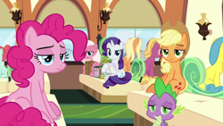 Size: 1920x1080 | Tagged: safe, screencap, amber grain, applejack, ballet jubilee, fire flicker, fuchsia frost, lemon hearts, pinkie pie, rarity, spike, dragon, earth pony, pony, unicorn, g4, the last problem, applejack is not amused, bag, confused, female, female pov, friendship student, male, offscreen character, pinkie pie is not amused, pov, saddle bag, sitting, spike is not amused, train, unamused, when she doesn't smile, winged spike, wings, you got the whole squad laughing
