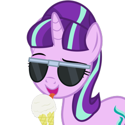 Size: 1147x1147 | Tagged: safe, alternate version, artist:the smiling pony, starlight glimmer, pony, unicorn, g4, .svg available, female, food, glasses, ice cream, levitation, licking, magic, simple background, smiling, solo, sunglasses, svg, telekinesis, tongue out, transparent background, vector