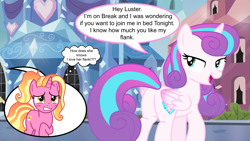 Size: 7680x4320 | Tagged: safe, artist:ejlightning007arts, luster dawn, princess flurry heart, alicorn, pony, unicorn, g4, the last problem, absurd resolution, ass worship, bedroom eyes, blushing, butt, crystal empire, dialogue, duo, duo female, female, flurrybutt, flurrydawn, grammar error, implied sex, lesbian, lidded eyes, looking back, mare, nervous, older, older flurry heart, open mouth, plot, seductive, sexy eyes, shipping, shy, speech bubble, thought bubble